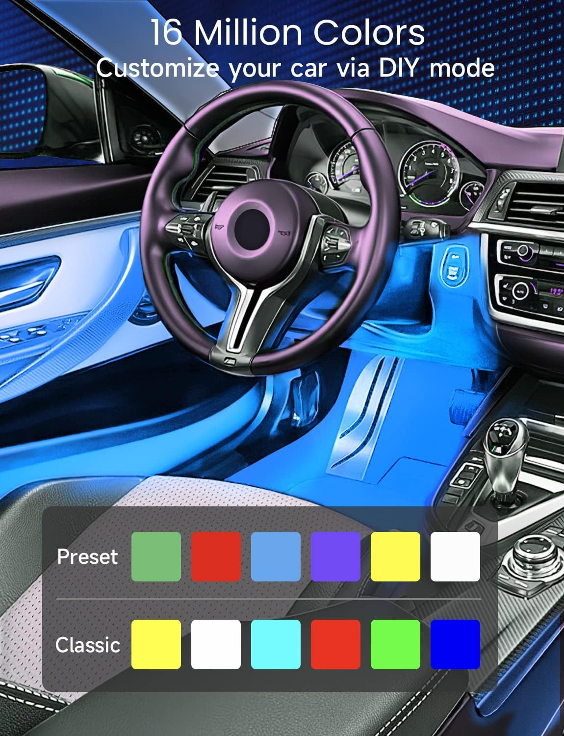 Upgraded Muliticolor Interior Car Lights, App Control RGBIC Smart Car Lights, 16 Million Color Option Car LED Lights, DIY Mode, Multiple Scene Options Car LED Lights for Cars, Trucks, Suvs