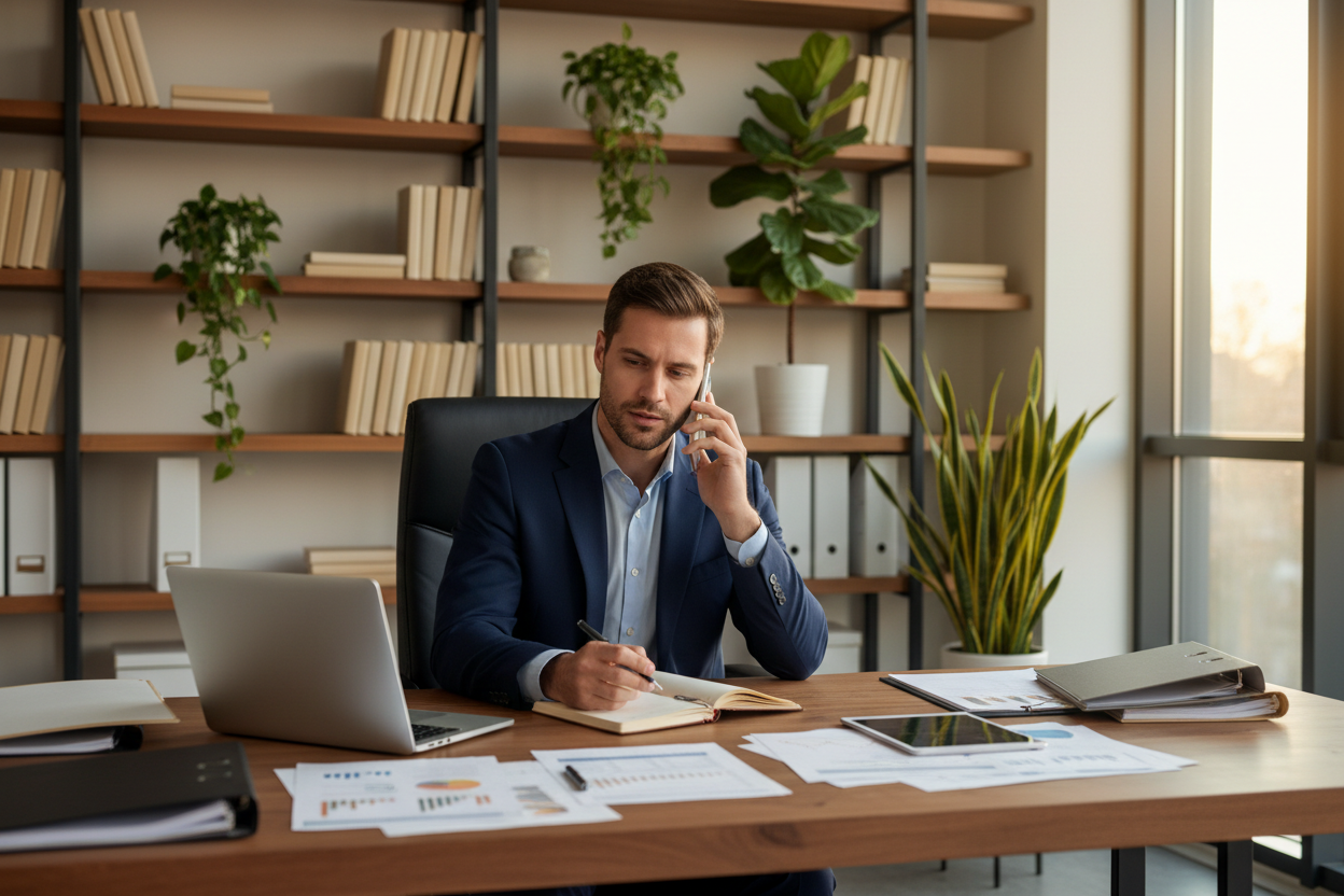 a guy working at his office and calling someone