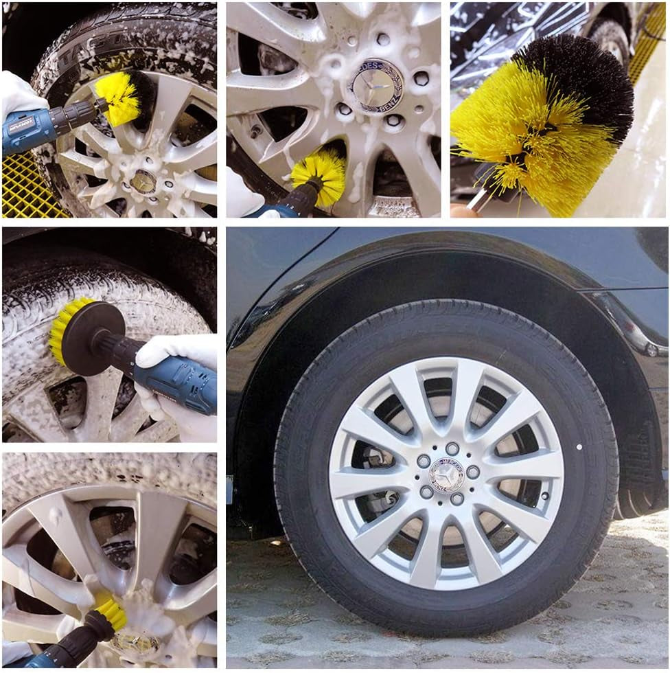 [3 Pack Set] Auto Detailing Drill Brush Set, Wheel Cleaner Brush, Car Cleaner Wash Brush Supplies Kit Fit Tire, Car Mats, Floor Mat, Bathroom and Auto Power Scrubber Brush Cleaning Sets